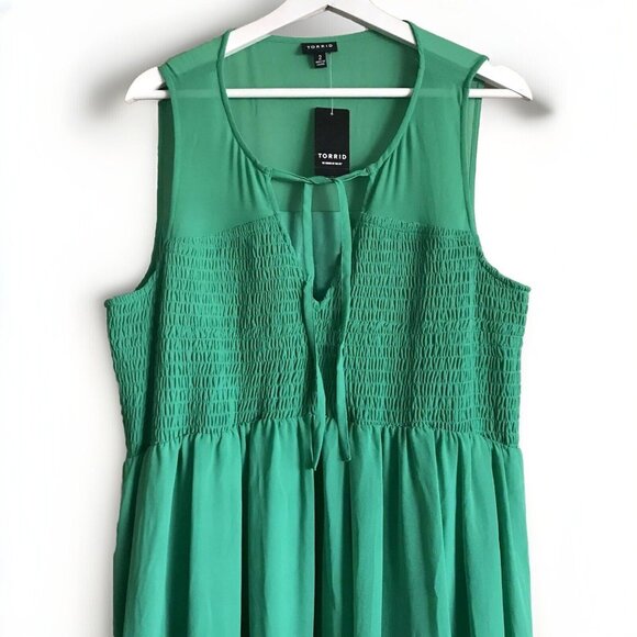 Torrid Women's Green V-Neck Sleeveless‎ Chiffon Smock Front Skater Dress Size 2 - Picture 6 of 11